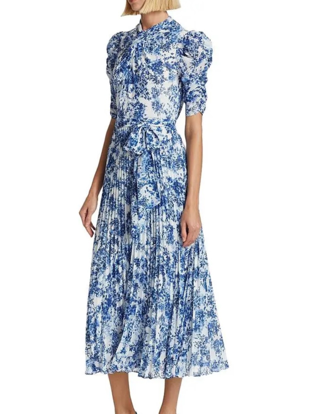 ML Monique Lhuillier Porcelain Floral Pleated Short Sleeve Midi Dress NWT Size 4